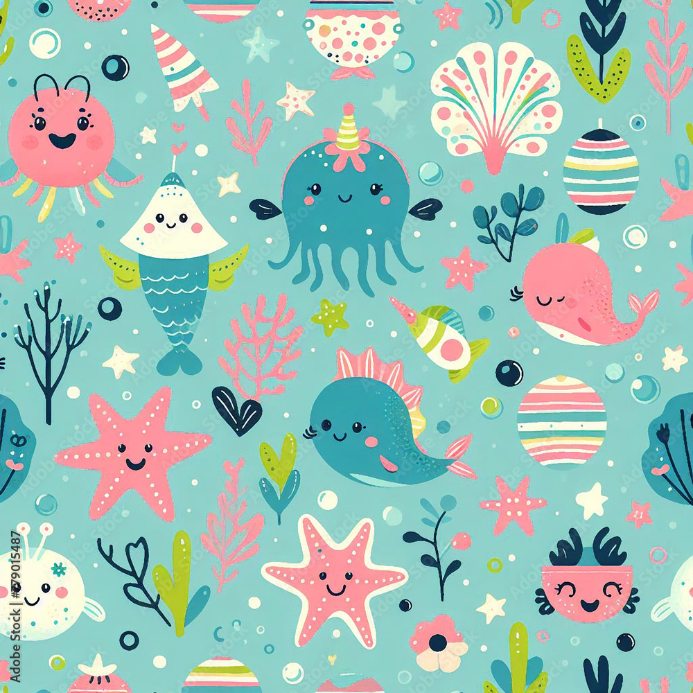 sea themed colorful cute baby and children patterns
