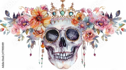 A human skull with flowers, a golden crown, and earrings. Magical vintage watercolor illustration of a gothic queen. Halloween mask clip art isolated on white.