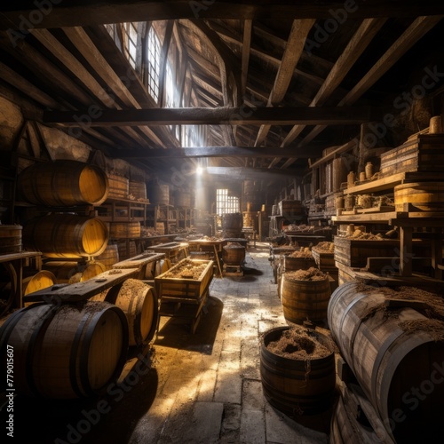 An old cooperage with wooden barrels and sunlight shining through the window photo