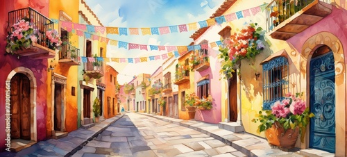 Cinco de Mayo decorated street, colorful watercolor illustration © lattesmile