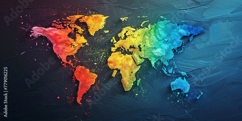 Photo of a geographical map of the continents in the color of the LGBT flag on a dark background, crumpled paper texture, advertising banner photo