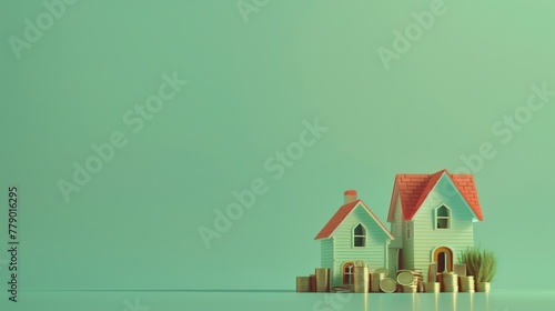 In a minimalist setting  visualize tiny houses harmonizing with stacks of coins  a visual metaphor for the housing market s financial aspects