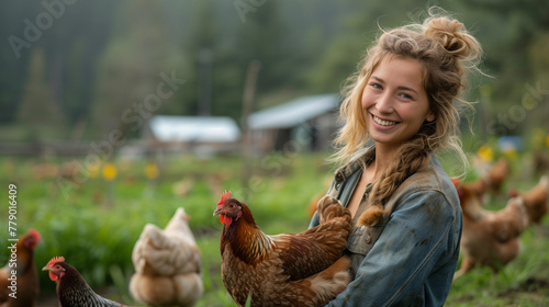 Woman holding chicken on an eco-friendly farm.