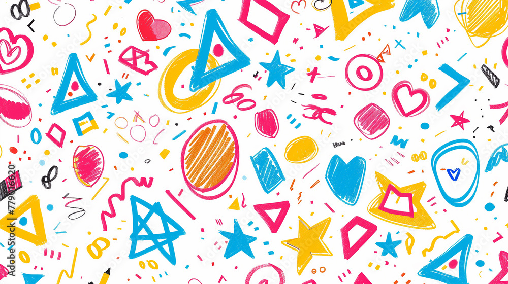 Vibrant Doodle Geometric Shapes and Patterns on White Background