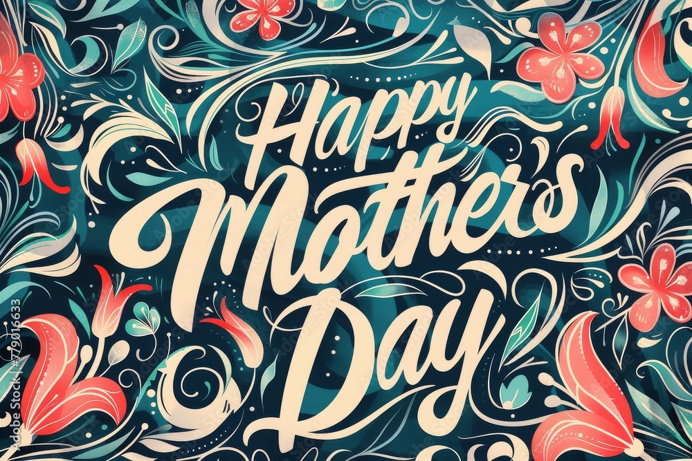 A beautiful hand lettering piece for Mother's Day with intricate floral designs and leaf patterns.