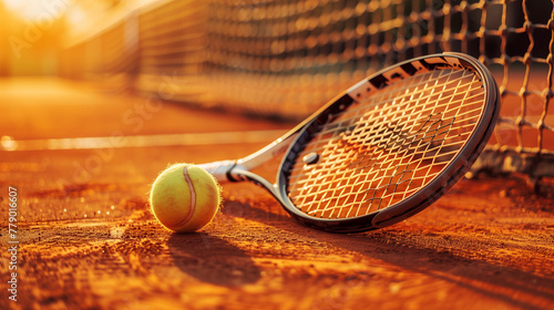 A close-up of a tennis racquet and ball on a clay court, racquet leaning against the net, ball nearby, Generative AI