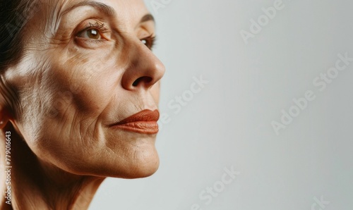 Woman over 50 years old. Face 3/4 close up on white background. Mature old lady close up portrait. Skin care beauty, middle age cosmetics, hardware cosmetology, rejuvenation and thread lift concept. photo