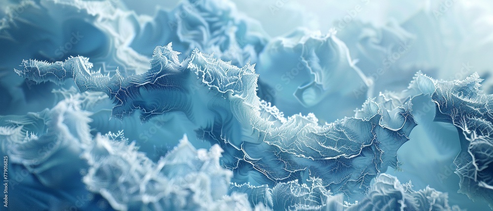 An imaginative 3D scene of a futuristic fabric made from ice and seaweed fibers, showcased on a shirt