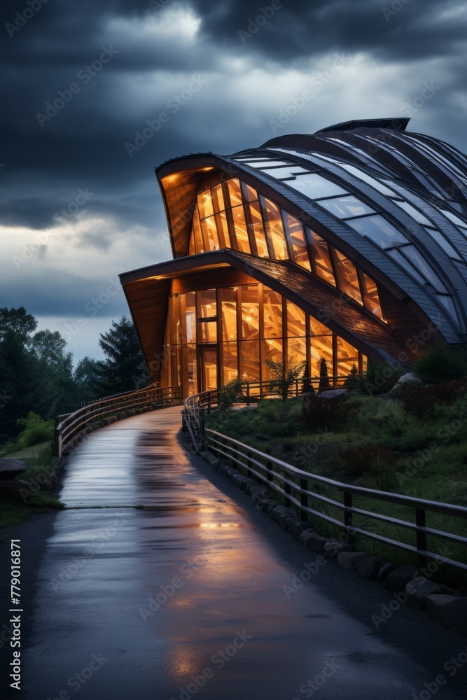 Wooden building with curved glass windows and a walkway leading up to it Wooden building with curved glass windows and a walkway leading up to it