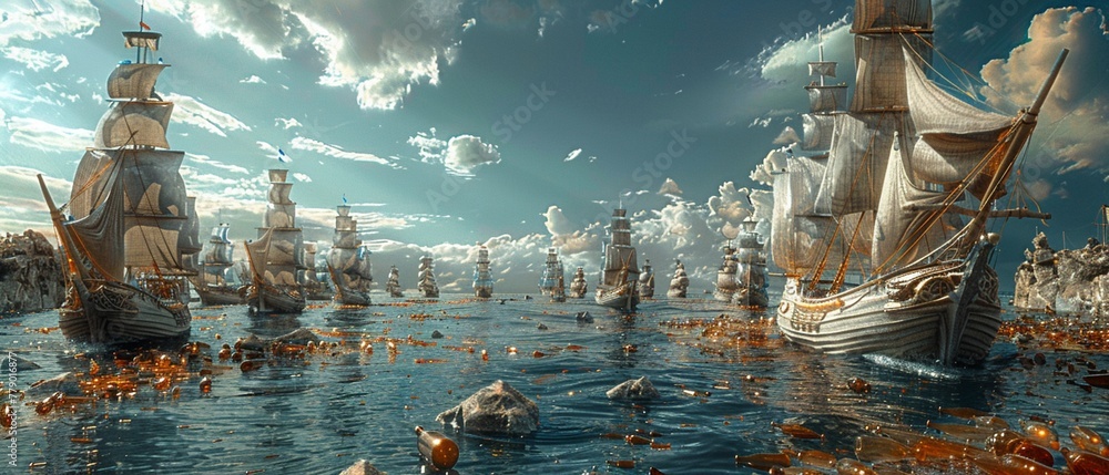 An imaginative 3D scene where ancient ships made of stone bottles sail through a river of liquid trash, merging history with environmental commentary