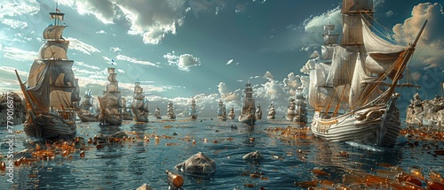 An imaginative 3D scene where ancient ships made of stone bottles sail through a river of liquid trash, merging history with environmental commentary photo