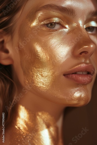 A young attractive lady facial treatment using colloidal gold mask. Hydrate, detoxify, brighten, rejuvenate and tighten skin concept. Cosmetology and face care concept.

 photo