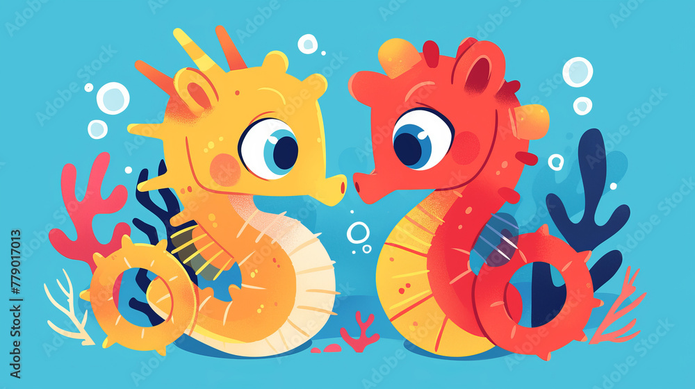 Two cartoon sea creatures are shown in a blue ocean Two cartoon sea creatures are shown in a blue ocean