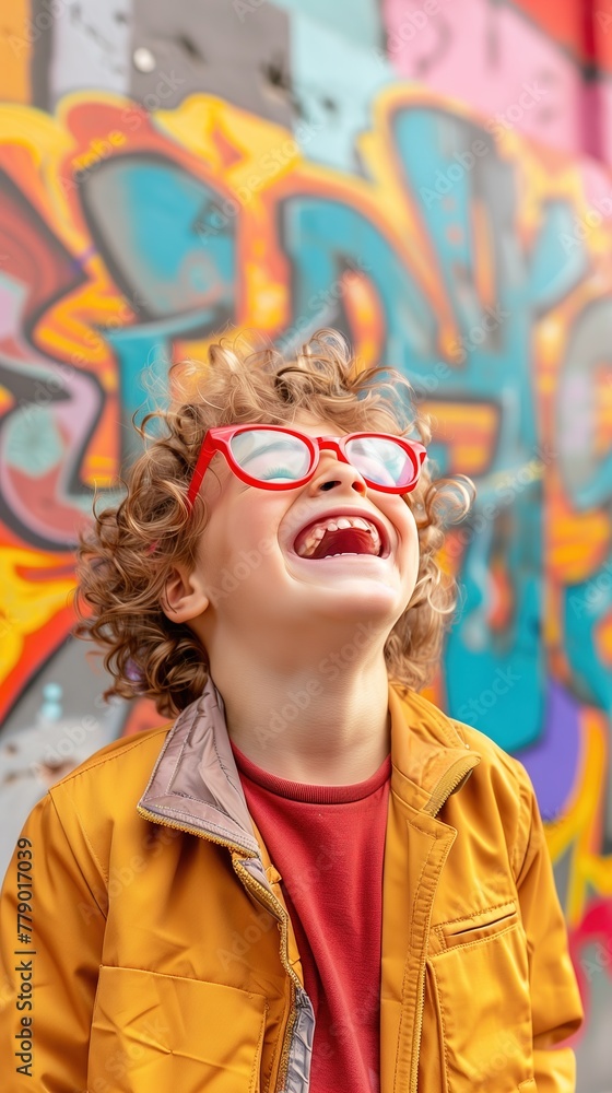 Joyous scene depicting a stylish kid in big red glasses, exuding charm and happiness