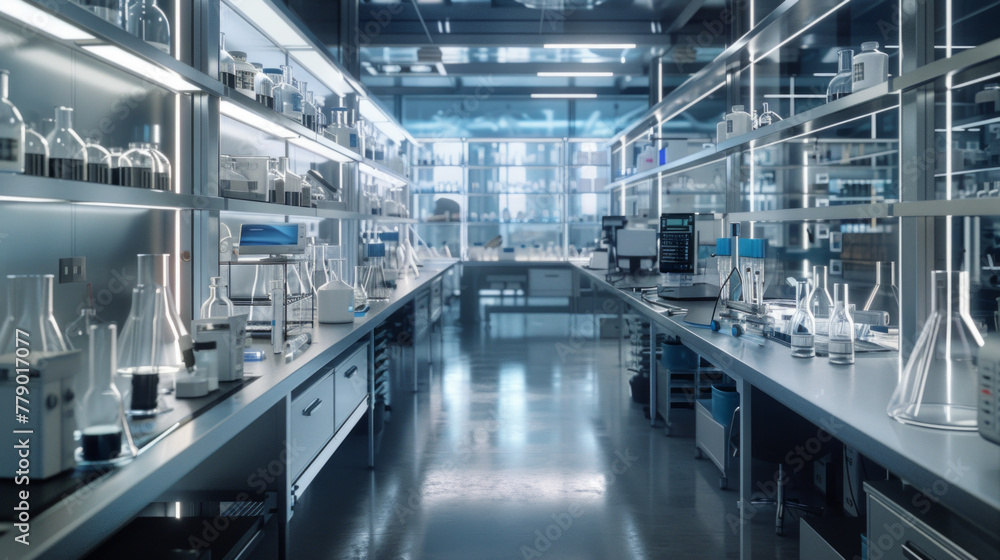 A sophisticated biotech lab, with rows of advanced research equipment and workstations, momentarily unoccupied but ready to drive innovation in the field of medicine A sophisticated biotech lab, with rows of advanced research equipment and workstations, momentarily unoccupied but ready to drive innovation in the field of medicine
