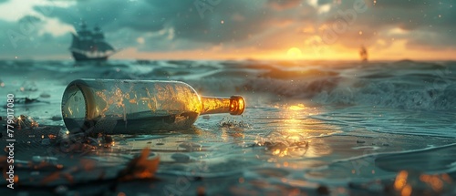 An imaginative render of a bottle that serves as a portal to a world where ships sail on clear waters, free of trash photo