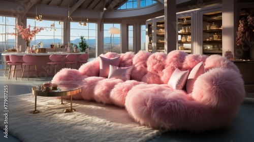 A pink and white living room with a large pink furry sofa,é…å¥—æœ‰é…å¥—çš„èŒ¶å‡ å’Œåœ°æ¯¯ photo