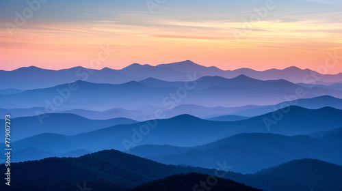 Tranquil Dawn Mountain Range with Soft Pink and Blue Gradient Sky © Mutshino_Artwork
