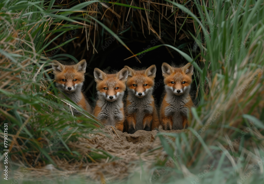 Fototapeta premium A group of fox cubs at the entrance to their burrow in green grass