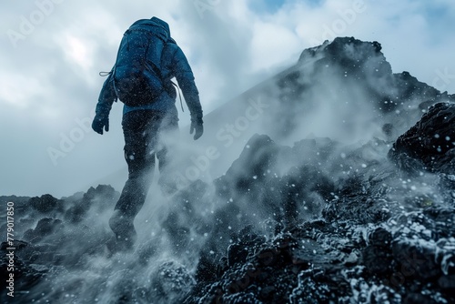 Hiker in harsh mountain terrain with snow photo