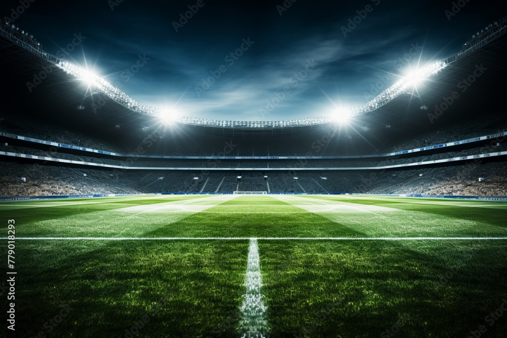 An empty soccer stadium at night with the lights on An empty soccer stadium at night with the lights on