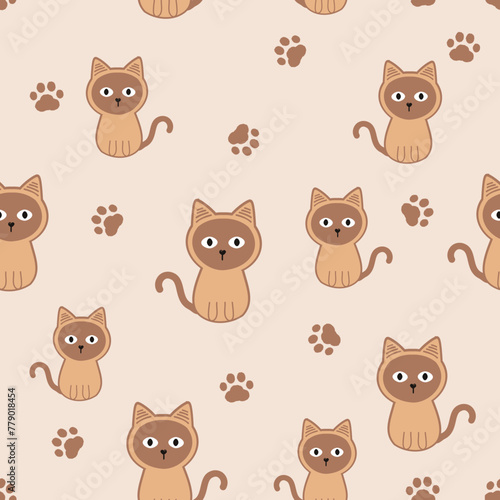 Fototapeta Naklejka Na Ścianę i Meble -  Seamless pattern with cat kitten and paw print on brown background vector.