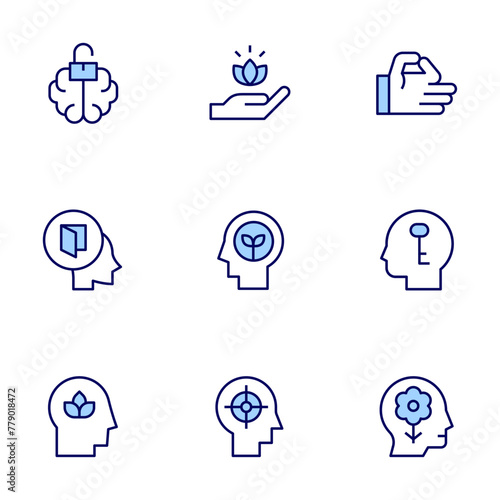 Mindfulness icon set. Duo tone icon collection. Editable stroke, think, mindfulness, openminded, mind, openmind, treatment, focus, positivemind.