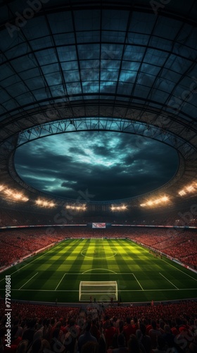 A soccer stadium with a closed roof and a lot of spectators
