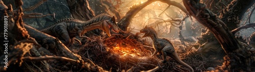 Detailed view of a dinosaur nest with various species' hatchlings emerging under the soft glow of dawn © Pungu x