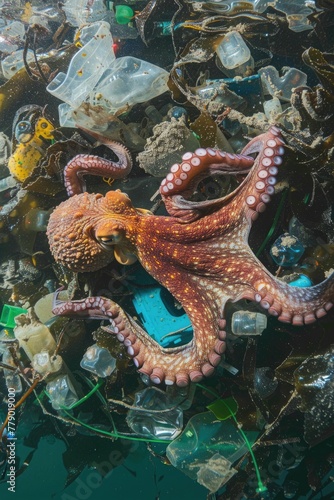 Detailed view of an octopus camouflaging among plastic waste on the ocean floor
