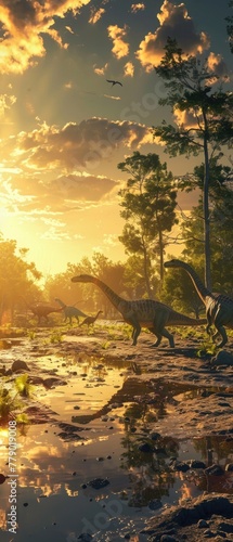 Hyper-realistic gathering of various dinosaur species drinking at a waterhole during sunset