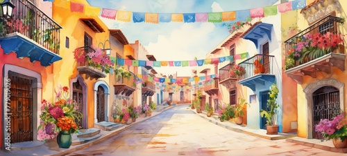 Cinco de Mayo street, decorated with papel picado, watercolor illustration