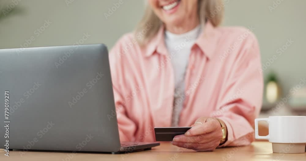 Senior, woman and online shopping in home, laptop and card, internet and retirement with technology. E commerce, customer and elderly female person, order and buying, goods and purchase in house Senior, woman and online shopping in home, laptop and card, internet and retirement with technology. E commerce, customer and elderly female person, order and buying, goods and purchase in house
