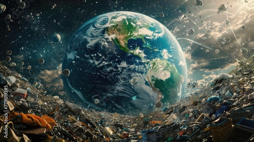 Hyper-realistic scene of a future Earth, viewed from space, surrounded by junk and visited by aliens
