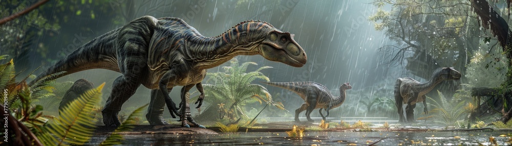 Detailed, atmospheric scene of a group of dinosaurs caught in a sudden rainstorm, seeking shelter under giant ferns - obrazy, fototapety, plakaty 
