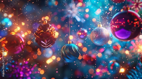 Holiday wallpaper with a neon Christmas theme with ornaments flying in the air. 3D render