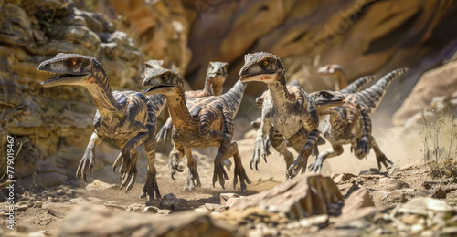 Realistic portrayal of a pack of Utahraptors using teamwork to navigate a rocky terrain © Pungu x