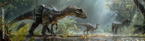 Detailed  atmospheric scene of a group of dinosaurs caught in a sudden rainstorm  seeking shelter under giant ferns