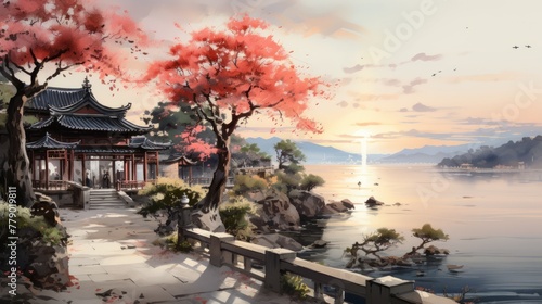 Oriental architecture house near the lake with mountain and cherry blossom tree photo