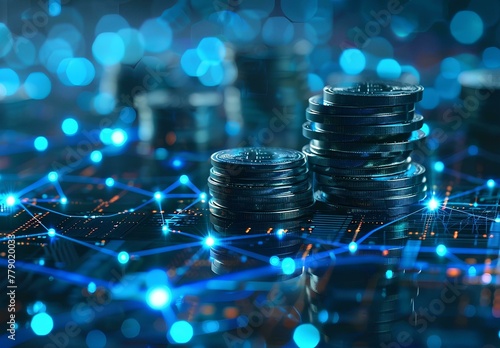 Digital background featuring stacks of coins and financial graphs with blue glowing network connections, representing digital online business or virtual finance
