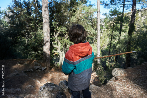 Niño de excursión en un bosque de coníferas en las cercanías del pueblo de Fuentespalda, Teruel (Aragón), España. photo