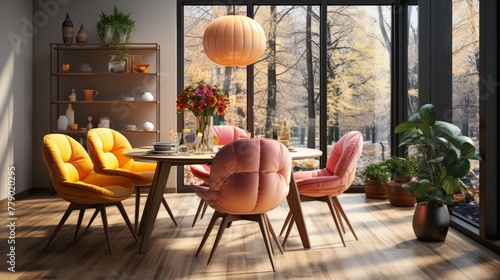 Modern dining room with large windows and a view of the forest