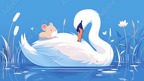 Fototapeta Naklejka Na Ścianę i Meble -  A cartoon of a mouse and a swan laying on a body of water