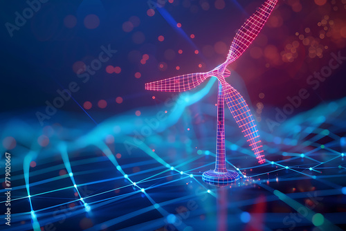 Experience renewable energy in a captivating wireframe visualization, set against a glowing translucent background, featuring a majestic wind turbine in motion photo