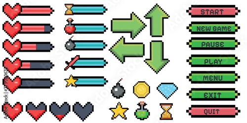 Pixel game menu resources, level, live bars and buttons. Game interface, pixelated life bar and menu button, game controller arrows, pixel art gaming magic items, button 8 bit pixel