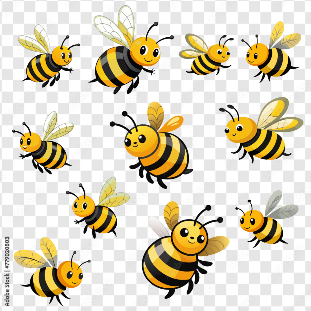 Set of Flying puffy bumblebees or Bees, white background, bee Set of Flying puffy bumblebees or Bees, white background, bee