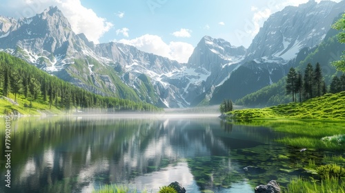 Sunlit alpine lake with mountain backdrop - Tranquil scenery with a serene alpine lake reflecting mountains under a bright blue sky with white clouds