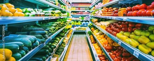 Supermarket vegetable shops are neatly arranged on clean shelves with a variety of fresh raw vegetables