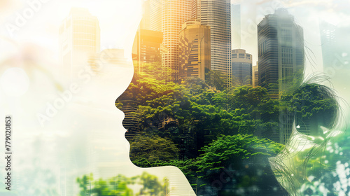 Silhouette of Human Head with Cityscape and Green Nature Fusion Concept