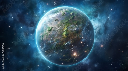 An illustration of a beautiful blue planet with green landmasses and a glowing atmosphere.